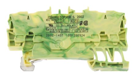 WAGO 2002-1407 Earth Terminal Block Green, Yellow, 2.5mm², 1-Level, Cage Clamp, IECEx/ATEX