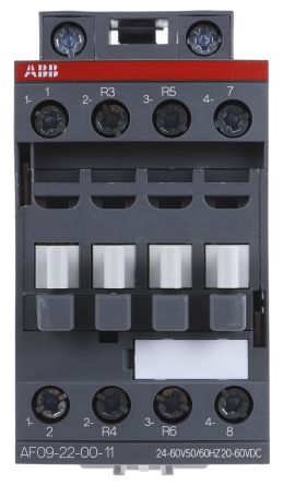ABB AF09 Contactor, 24V ac/dc, 60 V ac/dc Coil, 4-Pole, 25 A, 4 kW 60V ac/dc, 2 NO/2 NC, 690V ac