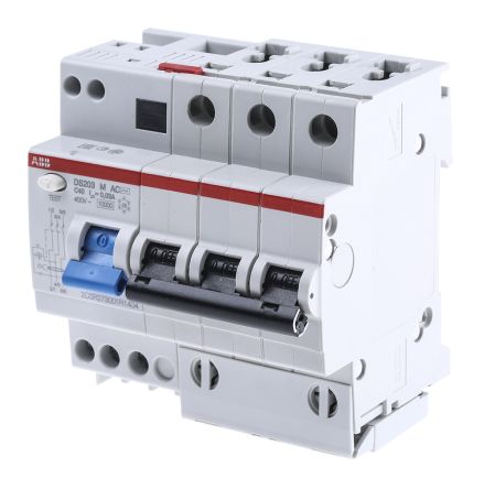 ABB Residual Current Circuit Breaker with Overload Protection, 40A Current Rating, 3-Pole, 30 mA Trip Sensitivity, Type