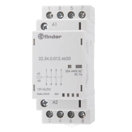 Finder 22 Contactor, 12V dc Coil, 4-Pole, 25 A, 4 kW 12V dc, 2 NO/2 NC, 250 V dc, 440V ac