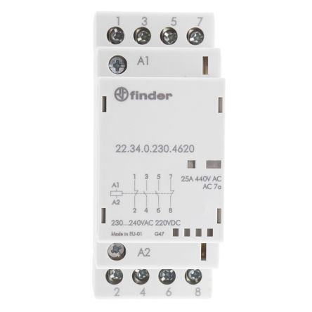 Finder 22 Contactor, 230V ac Coil, 4-Pole, 25 A, 4 kW 230V ac, 2 NO/2 NC, 250 V dc, 440V ac