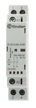 Finder 22 Contactor, 24V ac/dc Coil, 2-Pole, 25 A, 2 NC, 24V ac/dc