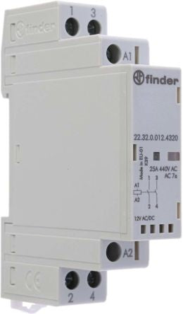 Finder 22 Contactor, 12V ac/dc Coil, 2-Pole, 25 A, 2.2 W 12V ac/dc, 2 NO, 440V