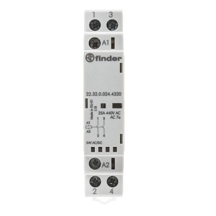 Finder 22 Contactor, 24V ac/dc Coil, 2-Pole, 25 A, 2.2 W, 2 NO, 440V