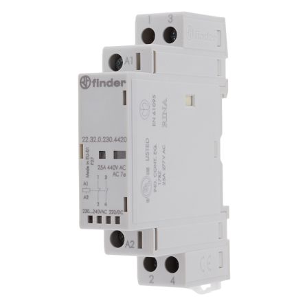 Finder 22 Contactor, 240V ac Coil, 2-Pole, 25 A, 2 NC, 440V