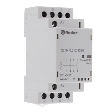 Finder 22 Contactor, 12V ac/dc Coil, 4-Pole, 25 A, 2 NO, 250V