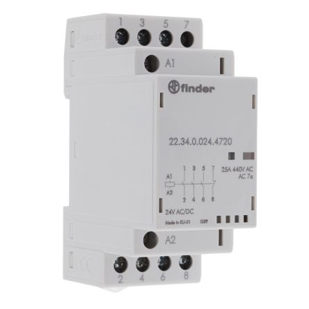Finder 22 Contactor, 24V ac/dc Coil, 4-Pole, 25 A, 2 NO, 440V
