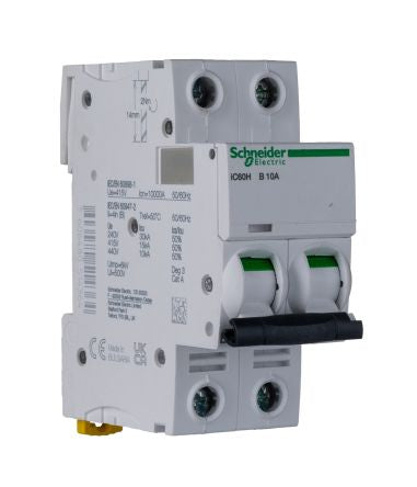 Schneider Electric Acti9 iC60H Miniature Circuit Breaker, 2-Pole, 10A, Type B, 12V, 133 V, 220 V, 240 V, 380 V, 415 V,