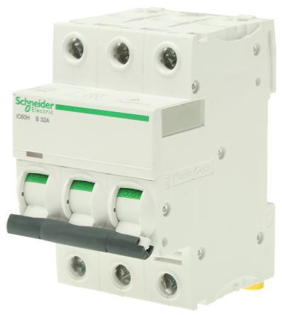 Schneider Electric Acti9 Acti9 iC60H Miniature Circuit Breaker, 3-Pole, 32A, Type B, 440V AC, 180 V DC, 10 kA Breaking