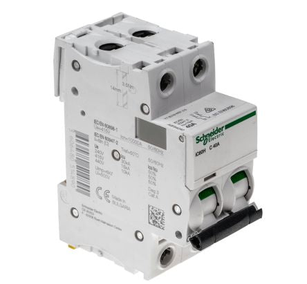 Schneider Electric Acti9 Acti9 iC60H Miniature Circuit Breaker, 2-Pole, 40A, Type C, 440V AC, 125 V DC, 10 kA Breaking