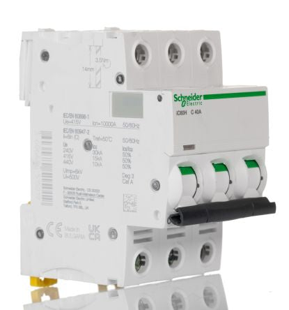 Schneider Electric Acti9 iC60H Miniature Circuit Breaker, 3-Pole, 40A, Type C, 12V, 133 V, 220 V, 240 V, 380 V, 415 V,