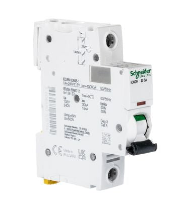 Schneider Electric Acti9 iC60H Miniature Circuit Breaker, 1-Pole, 6A, Type D, 240V ac AC, 48 V dc DC, 10 kA Breaking
