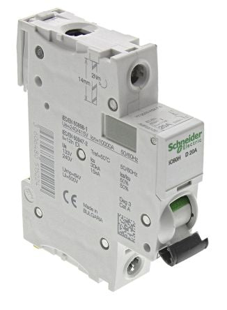 Schneider Electric Acti9 iC60H Miniature Circuit Breaker, 1-Pole, 20A, Type D, 240V ac AC, 48 V dc DC, 10 kA Breaking