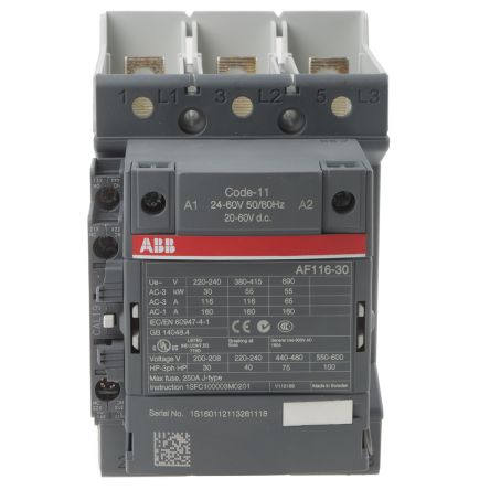 ABB AF116 Contactor, 24V ac/dc Coil, 3-Pole, 160 A, 55 kW 60V, 3 NO, 690V ac