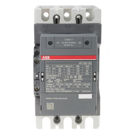 ABB AF190 Contactor, 24V ac/dc Coil, 3-Pole, 275 A, 90 kW 60V, 3 NO, 690V ac
