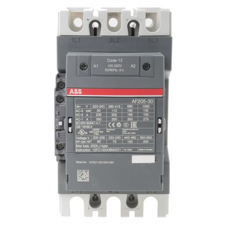 ABB AF205 Contactor, 230V ac Coil, 3-Pole, 350 A, 110 kW 250V, 3 NO, 690V ac