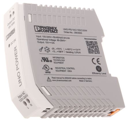 Phoenix Contact UNO POWER Switched Mode DIN Rail Power Supply 264V ac AC Input 15V dc, 2 A Output DC 30 W