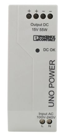Phoenix Contact UNO POWER Switched Mode DIN Rail Power Supply 264V ac AC Input 15V dc, 3.7 A Output DC 55 W
