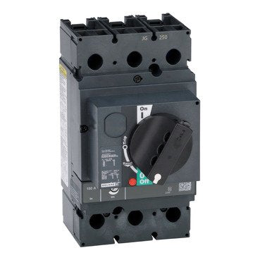 Circuit breaker, PowerPacT J, 150A, 3 pole, 600VAC, 18kA, lugs, thermal magnetic, 80%, black rotary handle (Circuit breaker PowerPacT J) is a Schneider Electric product. Designed for reliable performance and long service life. Available across Iraq — contact us for pricing and delivery options.