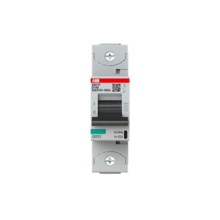 ABB High Performance S800N Miniature Circuit Breaker, 1-Pole, 100A, Type D, 690V ac AC, 125 V dc DC, 50 kA Breaking