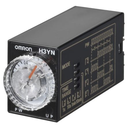 Omron H3YN Series Panel Timer Relay, 4-Contact, 125 V dc 200V ac, 230 V ac, 0.1 min to 10 h, Multifunction-Function,