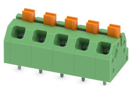 Phoenix Contact SPTAF 1/ 5-5.0-EL Series Angled Wave Soldering Mount PCB Terminal Block, 5 Contact(s), 5 mm Pitch, 2 Row