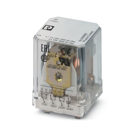 Phoenix Contact DIN Rail Power Relay, 110V dc Coil, 16A Switching Current, TPDT