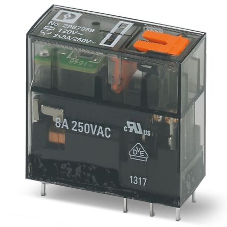 Phoenix Contact DIN Rail Non-Latching Relay, 120V ac Coil, 8A Switching Current, 2PDT