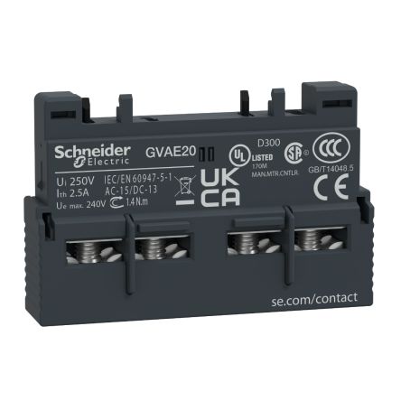 Schneider Electric Auxiliary Contact, 2 Contact, 2 NO, TeSyS GV, Front, 2.5 A, 240 V ac, 60V dc, GVAE20