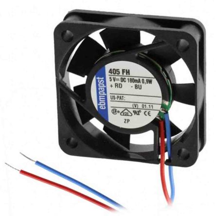 ebm-papst 400 F Series Axial Fan, 5V dc, 9 m³/h, 900 mW, 180 mA Max 40 mm 10mm 10 mm