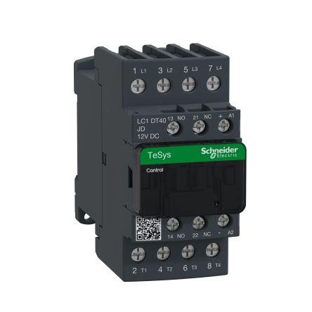 Schneider Electric TeSyS D Contactor, 12V dc Coil, 4-Pole, 40 A, 17.6 kW 12V dc, 4 NO, 690V ac/dc