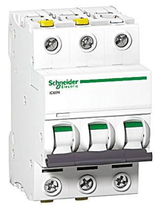 Schneider Electric Acti9 C60HB Miniature Circuit Breaker, 3-Pole, 2A, Type B, 440V ac AC, 133 V dc DC, 70 kA Breaking