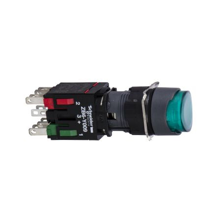Schneider Electric Harmony Series Illuminated Push Button Switch, Spring Return, Panel, 16 mm Cutout, 1 NO/1 NC, Green