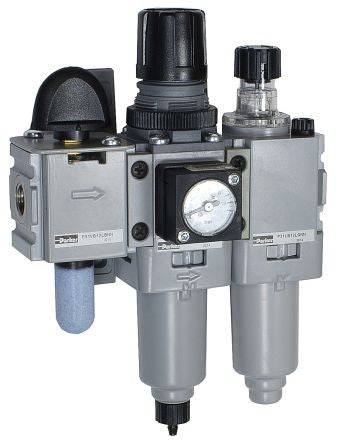 Parker BSPP 1/4 FRL, Manual Drain, 5 μm Filtration Size Integrated Pressure Gauge