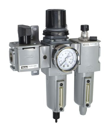 Parker BSPP 1/2 FRL, Manual Drain, 5 μm Filtration Size Integrated Pressure Gauge