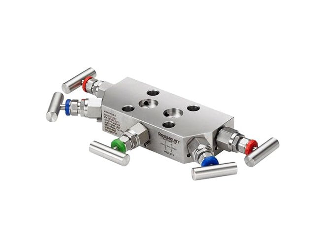 Manifold with two-piece stem design for use with 3051S Coplanar Pressure Transmitter.