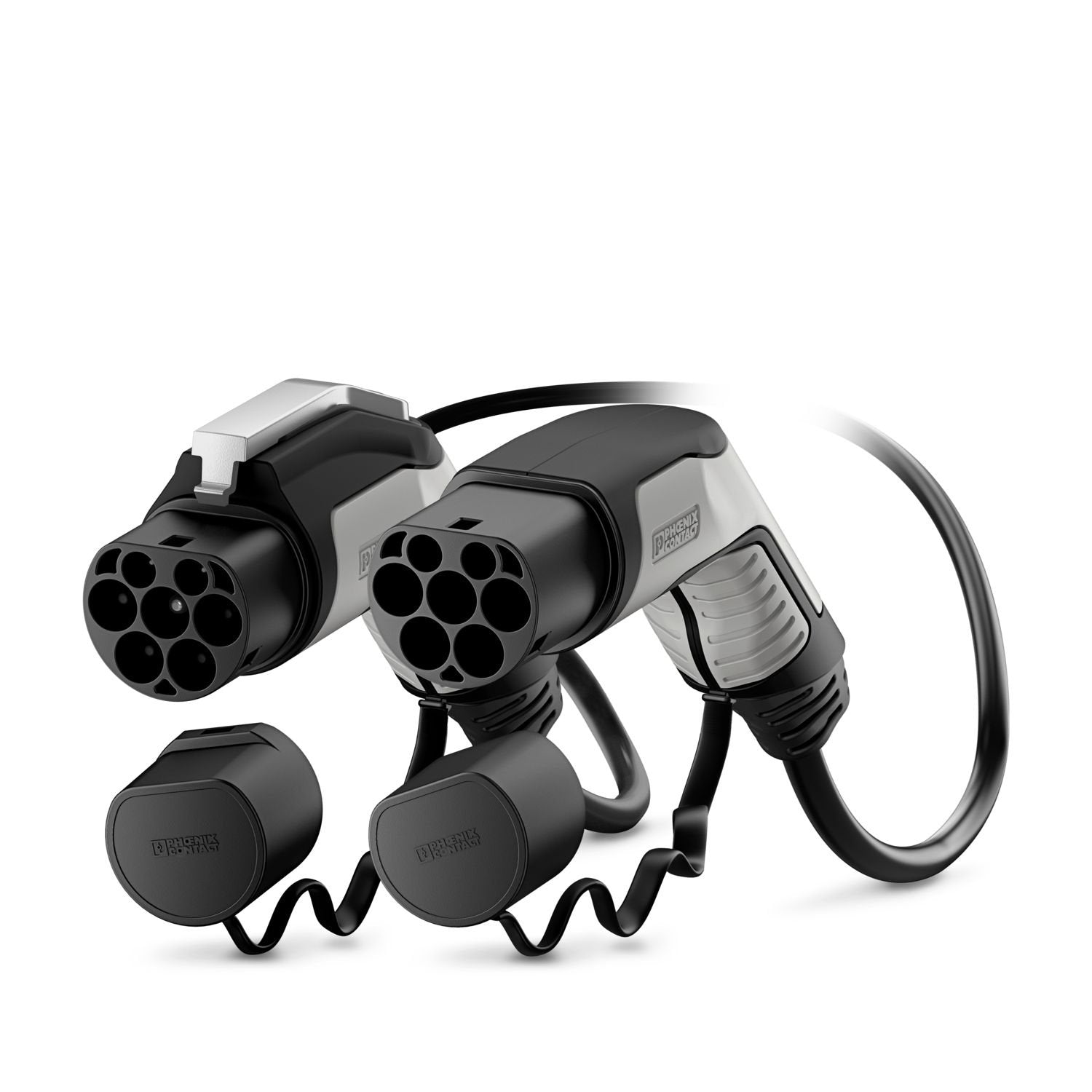 CHARX connect comfort, GB/T, Type 2, Mobile AC charging cable, 32 A permanent, 440 V AC, with vehicle charging connector and infrastructure charging plug, cable: 5 m, black, straight, with protective cap, with locking option for padlock, housing: black, gray, PHOENIX CONTACT logo, IEC 62196-2, GB/T 20234.2-2015, for charging electric vehicles (EV) with alternating current (AC) via GB/T vehicle charging inlets