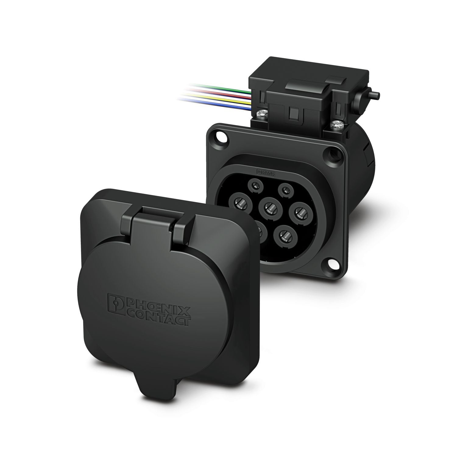 CHARX connect modular, Type 2, Infrastructure charging socket, 32 A , 480 V AC, Basic, Set, without single-core wires, locking actuator: 12 V, 4-pos., square, Rear panel mounting, M5 thread, housing: black, with square protective cover, for charging electric vehicles (EV) with alternating current (AC), PHOENIX CONTACT logo, IEC 62196-2