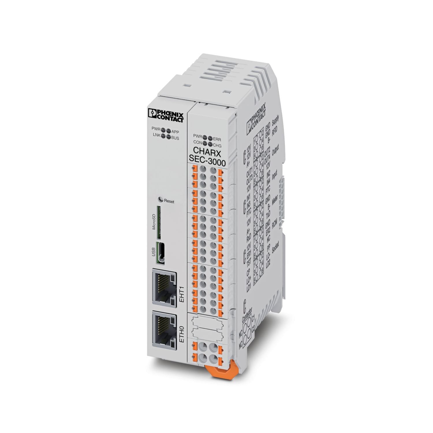 CHARX control modular, AC charging controller, with Embedded Linux system, IEC 61851-1, operating mode: Stand-Alone, Client, Server, interface: Ethernet (2x), CHARX control modular system bus, MICRO-USB type C, communication protocol: OCPP 1.6J, Modbus/TCP, MQTT, Connectable peripheral devices: Energy meter, RFID, DC residual current detection, DIN rail mounting