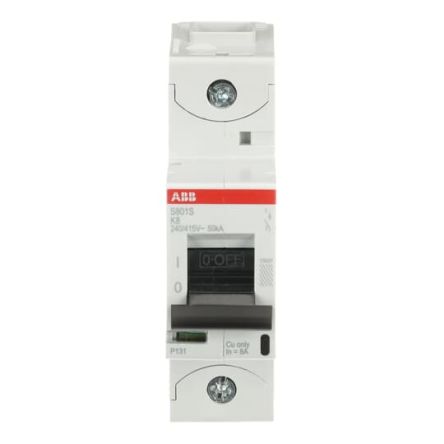 ABB S801S Miniature Circuit Breaker, 1-Pole, 8A, Type K, 400V ac AC, 50 kA Breaking Capacity