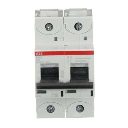 ABB S802C Miniature Circuit Breaker, 2-Pole, 25A, Type K, 415V ac AC, 440 V dc DC, 25 kA Breaking Capacity