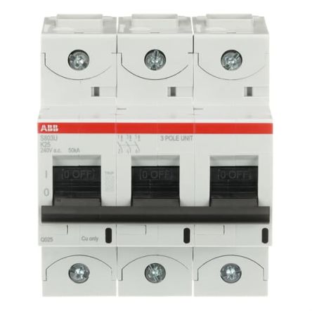 ABB S800U Miniature Circuit Breaker, 3-Pole, 25A, Type K, 240V ac AC, 50 kA Breaking Capacity