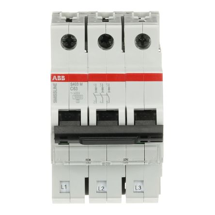 ABB S400 S400M Miniature Circuit Breaker, 3-Pole, 63A, Type B, Type C, Type D, Type K, 400V ac AC, 250 V dc DC, 10 kA