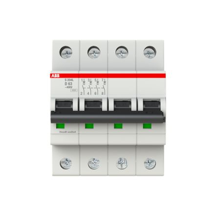 ABB S204L Miniature Circuit Breaker, 4-Pole, 63A, Type D, 400V ac AC, 6 kA Breaking Capacity