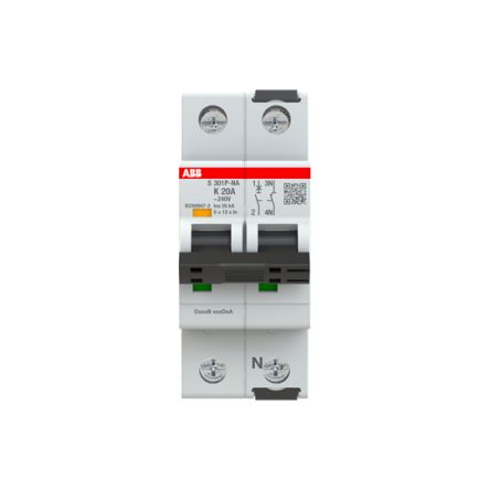 ABB System Pro M Compact S300P Miniature Circuit Breaker, 1-Pole, 20A, Type K, 240V ac AC, 72 V dc DC, 25 kA Breaking