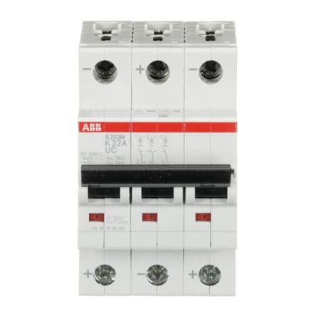 ABB System Pro M Compact S200 M UC Miniature Circuit Breaker, 3-Pole, 32A, Type K, 400V ac AC, 440 V dc DC, 10 kA