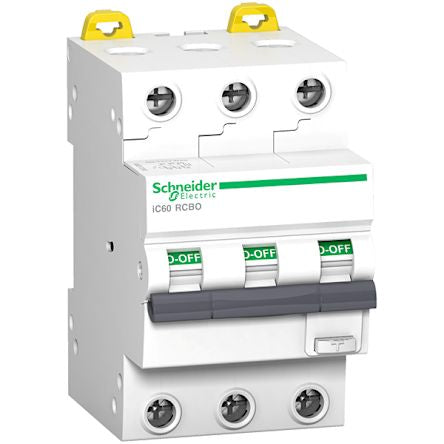Schneider Electric Residual Current Circuit Breaker with Overload Protection, 20A Current Rating, 3-Pole, 30 mA Trip