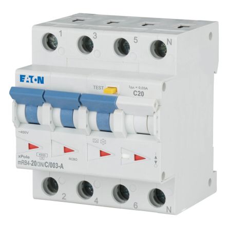 Eaton Residual Current Circuit Breaker with Overload Protection, 20A Current Rating, 3+N-Pole, 30 mA Trip Sensitivity,