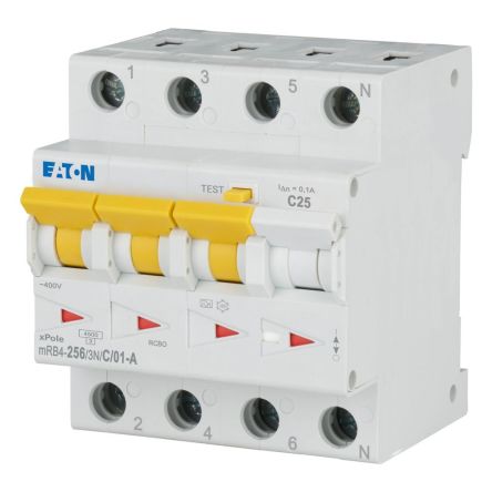 Eaton Residual Current Circuit Breaker with Overload Protection, 25A Current Rating, 3+N-Pole, 100 mA Trip Sensitivity,