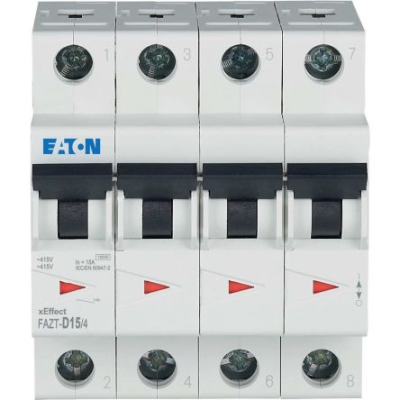 Eaton xEffect FAZ Miniature Circuit Breaker, 4-Pole, 15A, Type D, 415V ac AC, 60 V dc DC, 25 kA Breaking Capacity